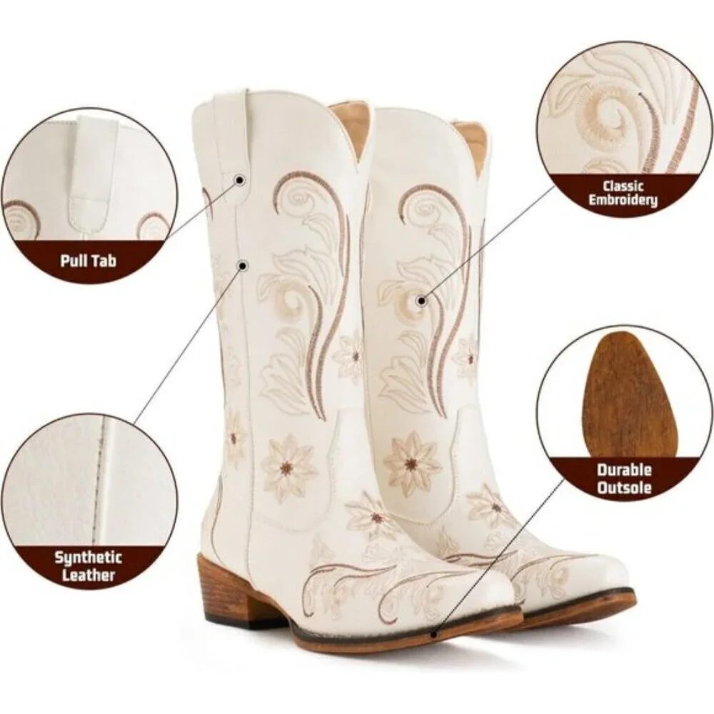 ⭐ IUV Women's Embroidered Cowboy Boots - Mid Calf Western Snip Toe Cowgirl Boots